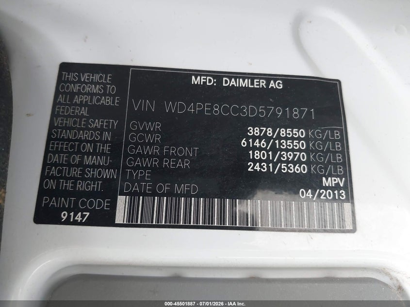 2013 Mercedes-Benz Sprinter 2500 High Roof VIN: WD4PE8CC3D5791871 Lot: 45501887