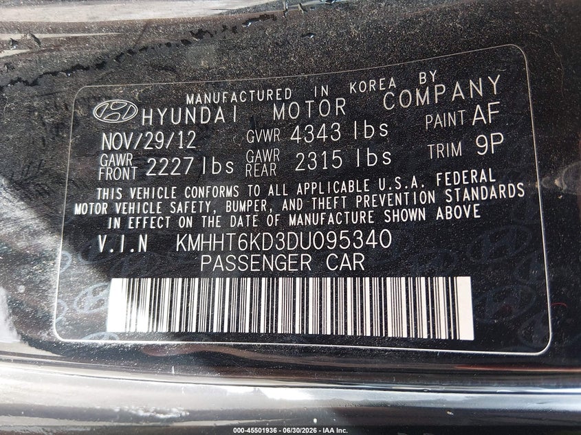 2013 Hyundai Genesis 2.0T Premium VIN: KMHHT6KD3DU095340 Lot: 45501936
