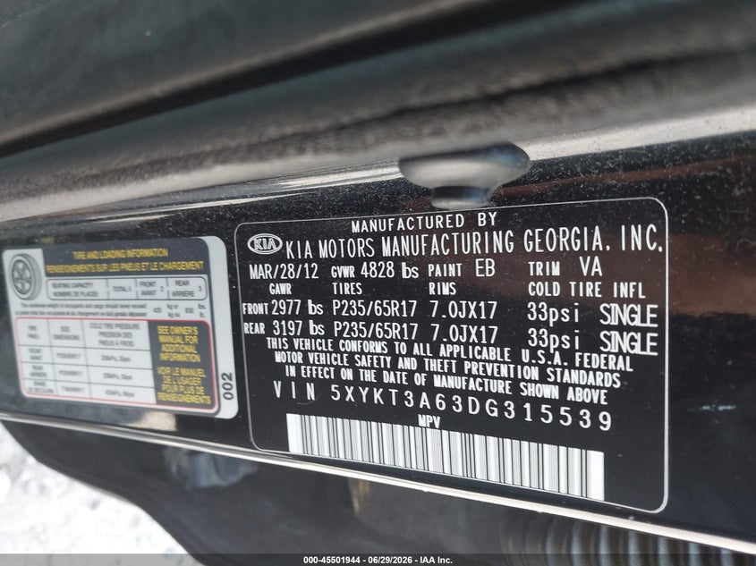 2013 KIA SORENTO SPORT UTILITY VEHICLE 2.4L I-4 DI, DOHC, VVT, 191HP
