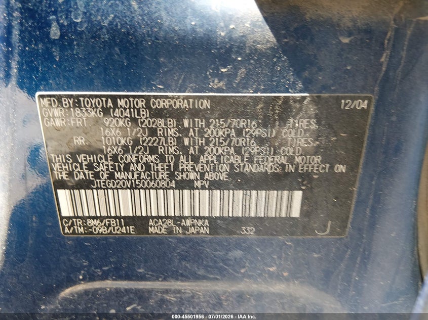 TOYOTA RAV4 2005 VIN JTEGD20V150060804