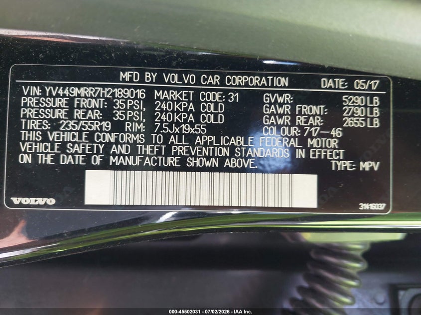 2017 Volvo Xc60 T6 Dynamic VIN: YV449MRR7H2189016 Lot: 45502031