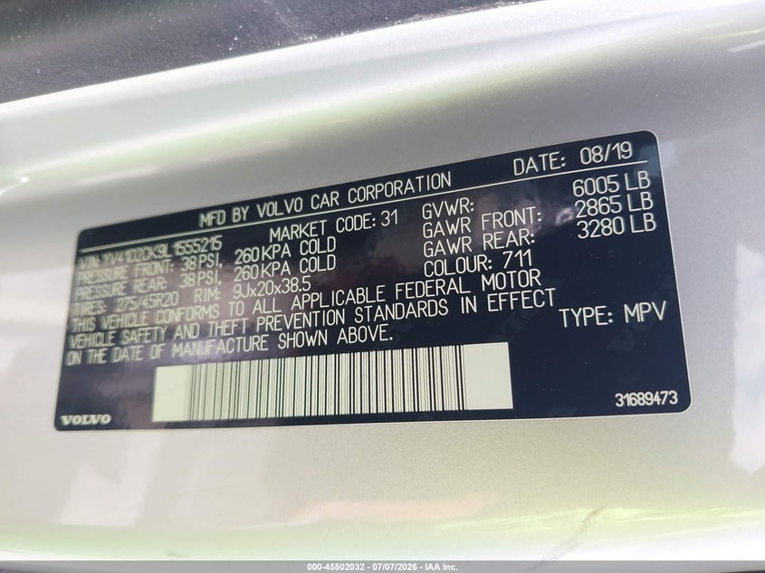 2020 Volvo Xc90 T5 Momentum 7 Passenger VIN: YV4102CK9L1555215 Lot: 45502032