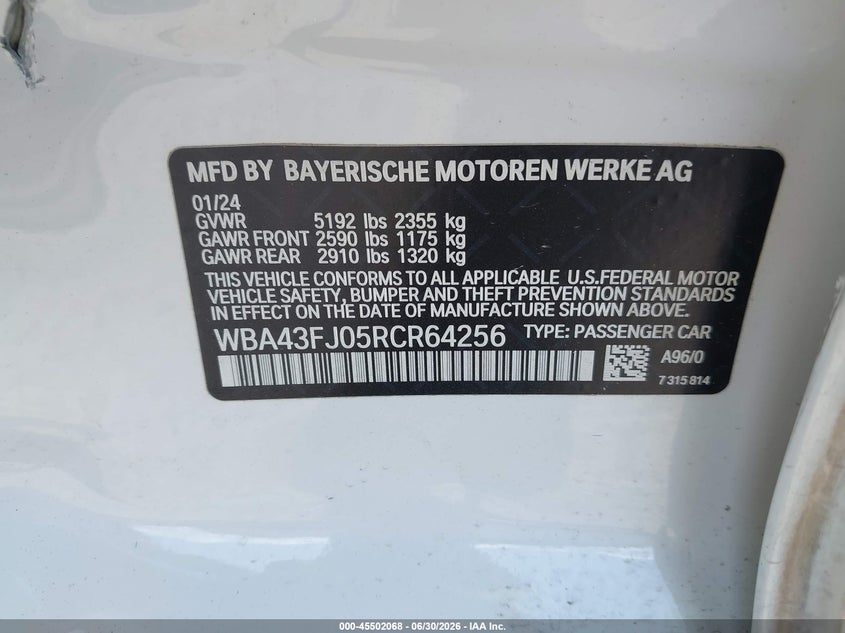 VIN WBA43FJ05RCR64256 2024 BMW 530I