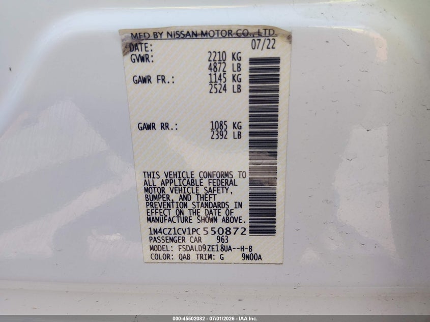 2023 Nissan Leaf Sv Plus 60 Kwh VIN: 1N4CZ1CV1PC550872 Lot: 45502082