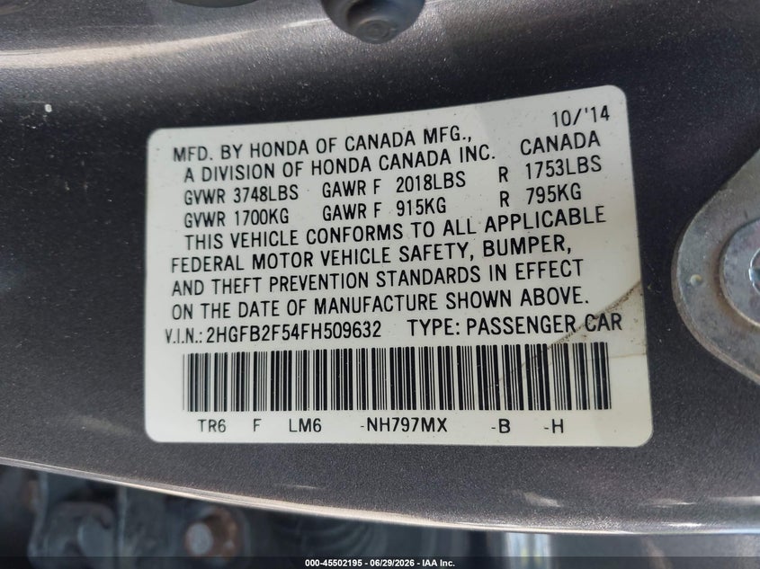HONDA CIVIC 2015 VIN 2HGFB2F54FH509632