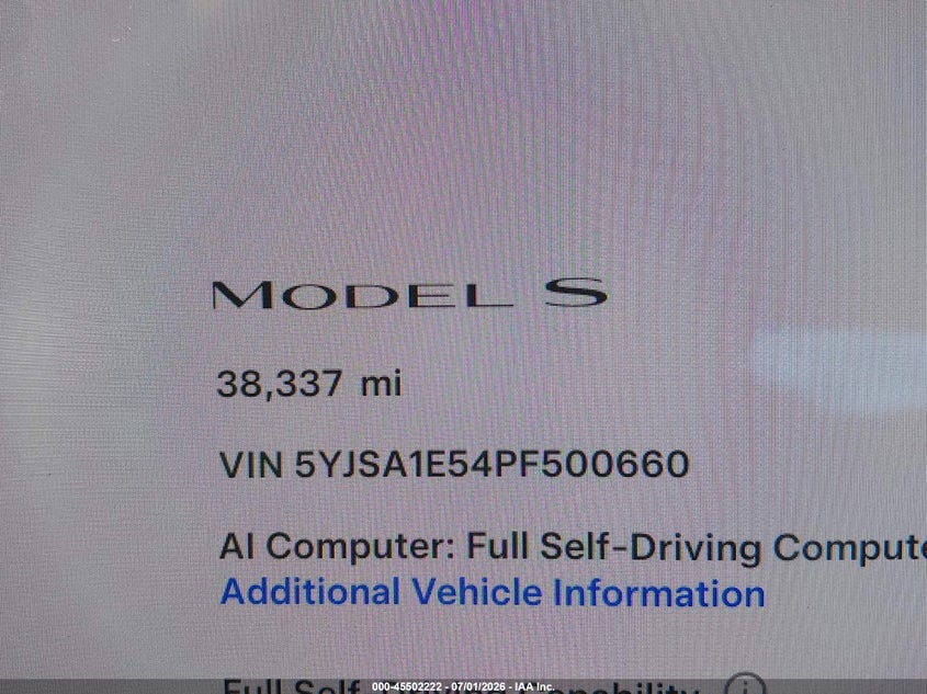2023 Tesla Model S Dual Motor All-Wheel Drive/Standard Range VIN: 5YJSA1E54PF500660 Lot: 45502222