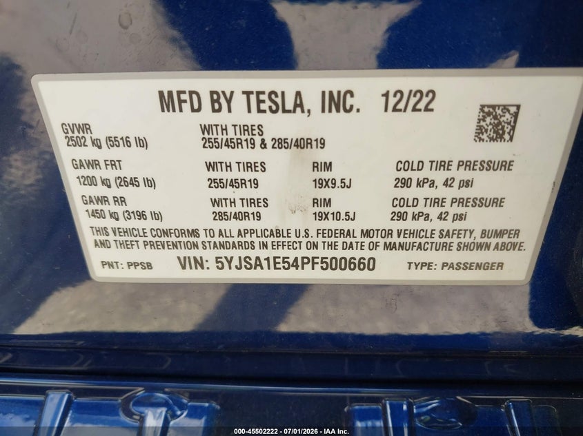 2023 Tesla Model S Dual Motor All-Wheel Drive/Standard Range VIN: 5YJSA1E54PF500660 Lot: 45502222
