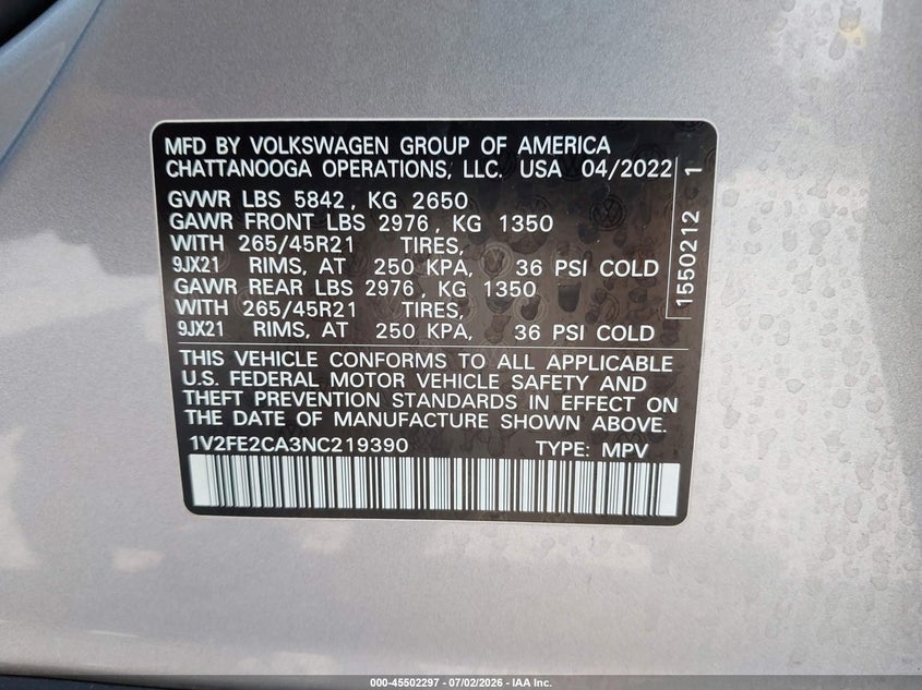 2022 Volkswagen Atlas Cross Sport 3.6L V6 Sel Premium R-Line VIN: 1V2FE2CA3NC219390 Lot: 45502297