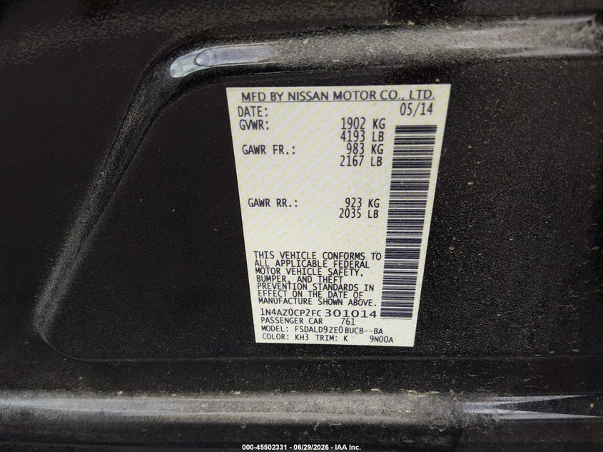 2015 Nissan Leaf Sv VIN: 1N4AZ0CP2FC301014 Lot: 45502331