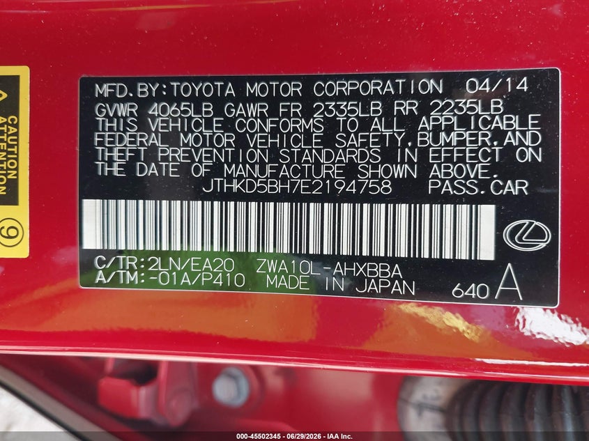 2014 Lexus Ct 200H VIN: JTHKD5BH7E2194758 Lot: 45502345