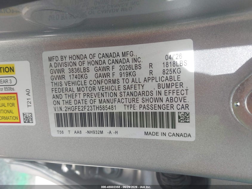 2026 HONDA CIVIC SEDAN 2.0L I-4 DI, DOHC, VVT, 150HP