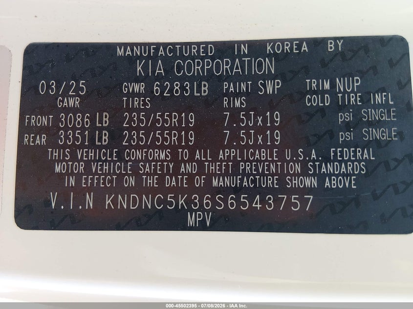 2025 Kia Carnival Mpv Ex VIN: KNDNC5K36S6543757 Lot: 45502395