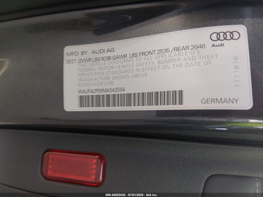 2021 Audi A5 Sportback Premium Plus 45 Tfsi Quattro S Tronic VIN: WAUFACF59MA042594 Lot: 45502430