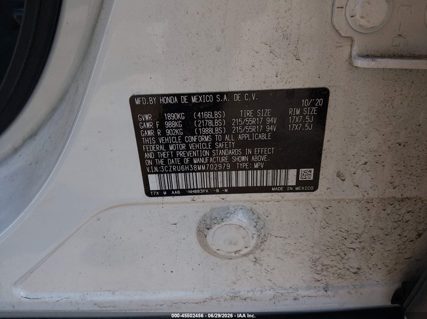 2021 Honda Hr-V Awd Lx VIN: 3CZRU6H38MM702979 Lot: 45502456