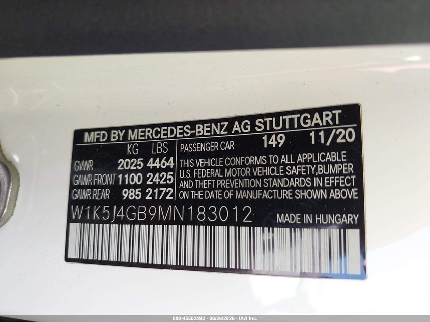 2021 Mercedes-Benz Cla 250 VIN: W1K5J4GB9MN183012 Lot: 45502492