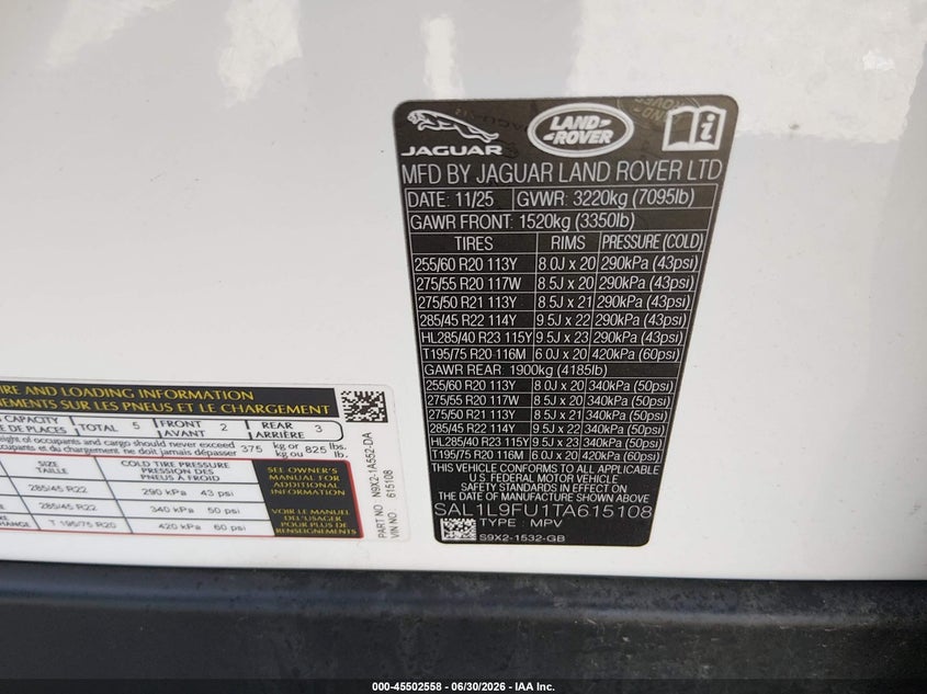 2026 Land Rover Range Rover Sport P400 Dynamic Se VIN: SAL1L9FU1TA615108 Lot: 45502558