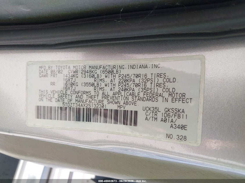 2002 Toyota Sequoia Sr5 V8 VIN: 5TDZT34AX2S132301 Lot: 45502673
