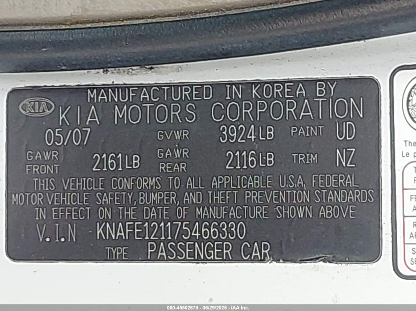 2007 Kia Spectra Ex VIN: KNAFE121175466330 Lot: 45502678
