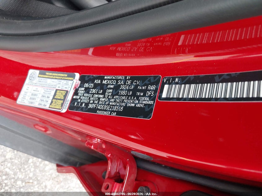 2025 Kia K4 Lxs VIN: 3KPFT4DE8SE218518 Lot: 45502705