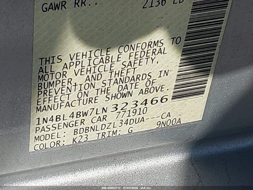 NISSAN ALTIMA 2020 VIN 1N4BL4BW7LN323466