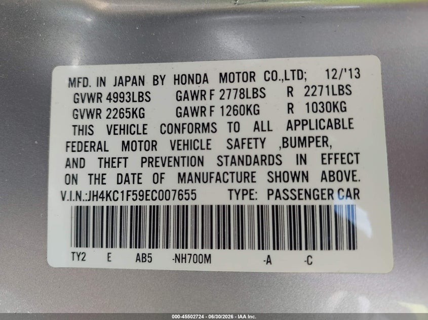 2014 Acura Rlx VIN: JH4KC1F59EC007655 Lot: 45502724