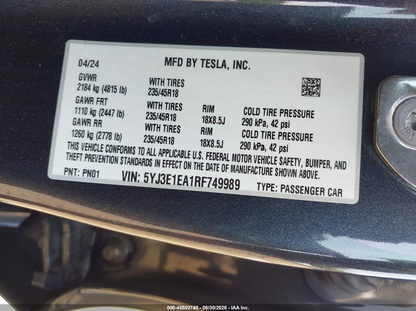 TESLA MODEL 3 2024 VIN 5YJ3E1EA1RF749989