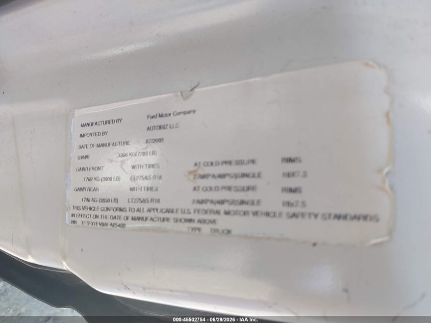 2010 Ford F-150 Fx4/Lariat/Xl/Xlt VIN: 1FTFX1EV8AFA05400 Lot: 45502754