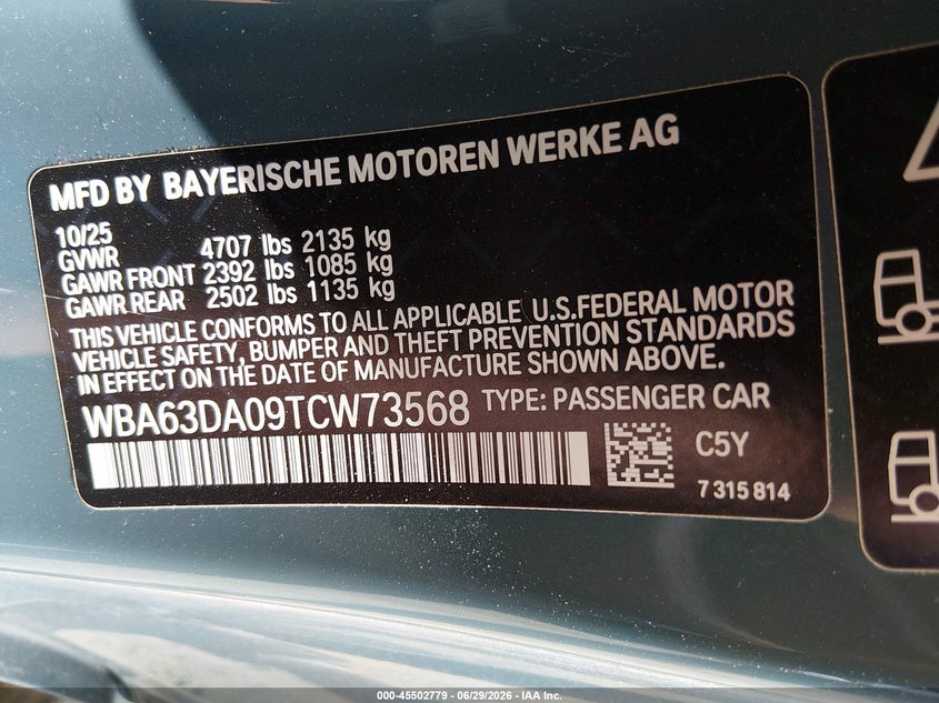 BMW 430I 2026 VIN WBA63DA09TCW73568