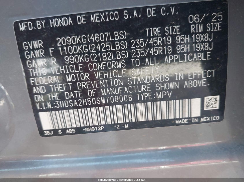 2025 Acura Adx A-Spec VIN: 3HDSA2H50SM708006 Lot: 45502789