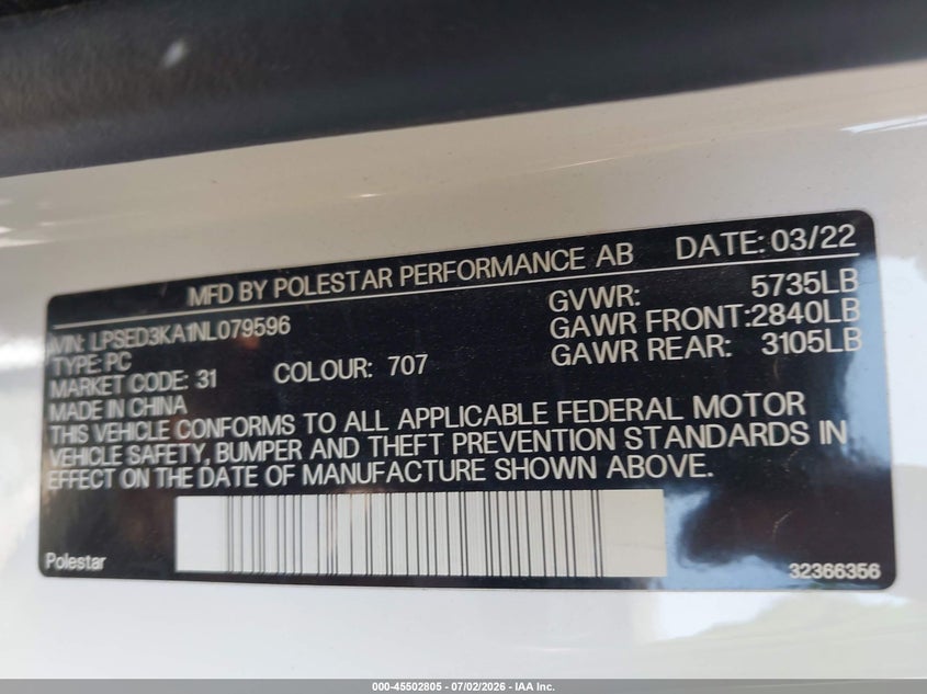 2022 Polestar 2 Long Range Dual Motor VIN: LPSED3KA1NL079596 Lot: 45502805