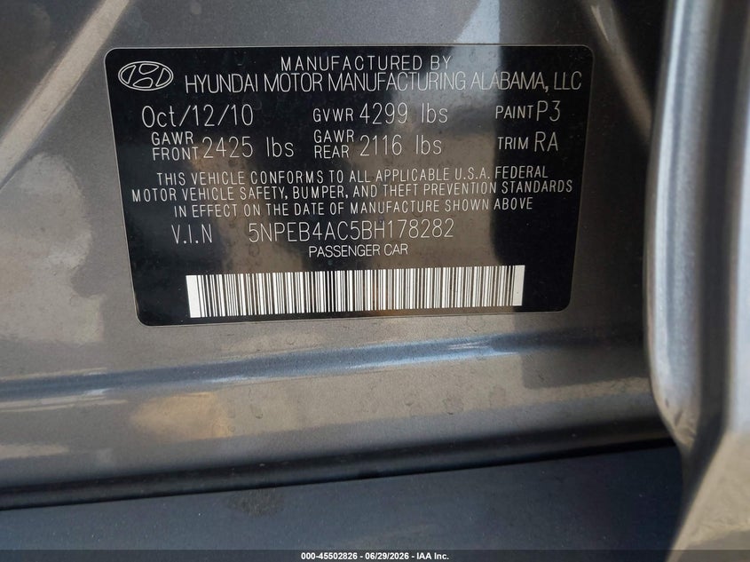 2011 HYUNDAI SONATA SEDAN 2.4L I-4 DI, DOHC, VVT, 190HP