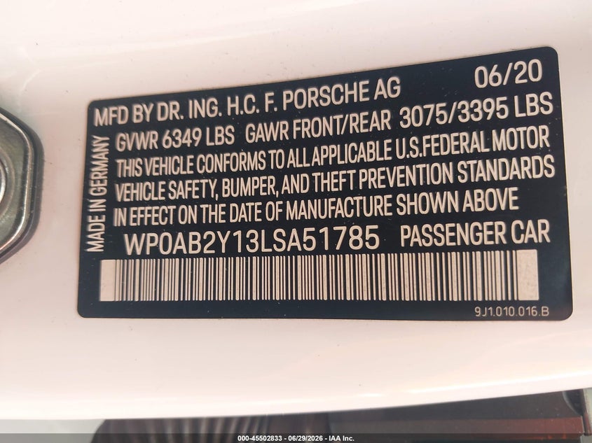 2020 Porsche Taycan 4S VIN: WP0AB2Y13LSA51785 Lot: 45502833