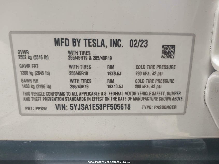2023 Tesla Model S Dual Motor All-Wheel Drive/Standard Range VIN: 5YJSA1E58PF505618 Lot: 45502871