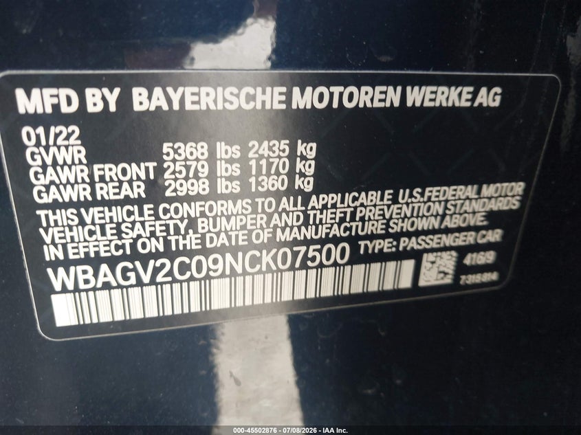 2022 BMW 840 Gran Coupe I VIN: WBAGV2C09NCK07500 Lot: 45502876