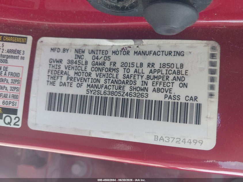 2005 Pontiac Vibe VIN: 5Y2SL63805Z463263 Lot: 45502884