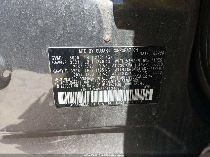 2020 Subaru Ascent Limited VIN: 4S4WMAPD8L3469302 Lot: 45502925