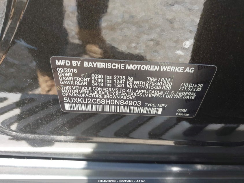 2017 BMW X6 xDrive35I VIN: 5UXKU2C58H0N84903 Lot: 45502930