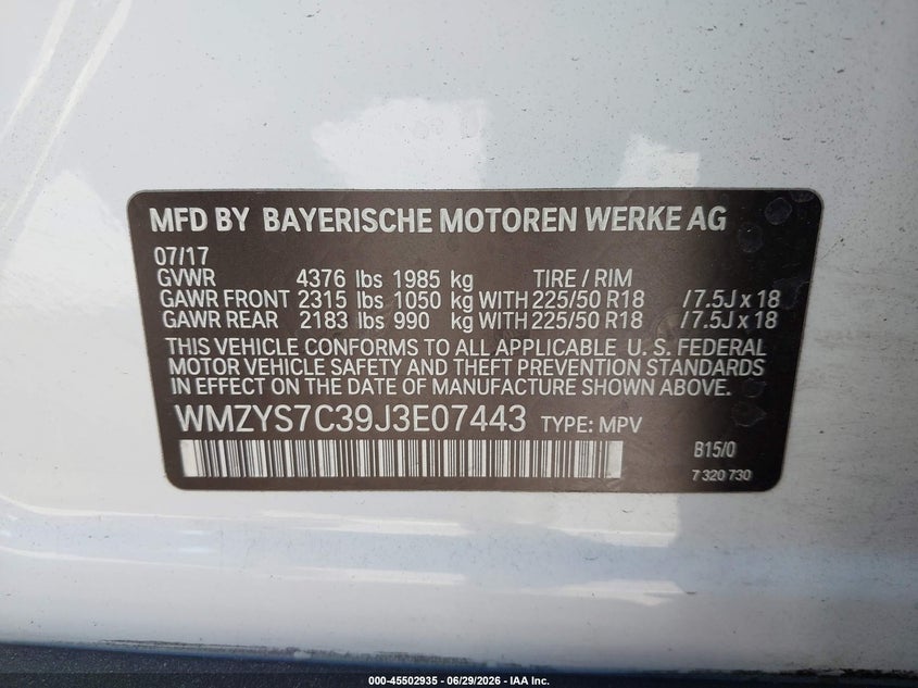2018 Mini Countryman Cooper VIN: WMZYS7C39J3E07443 Lot: 45502935