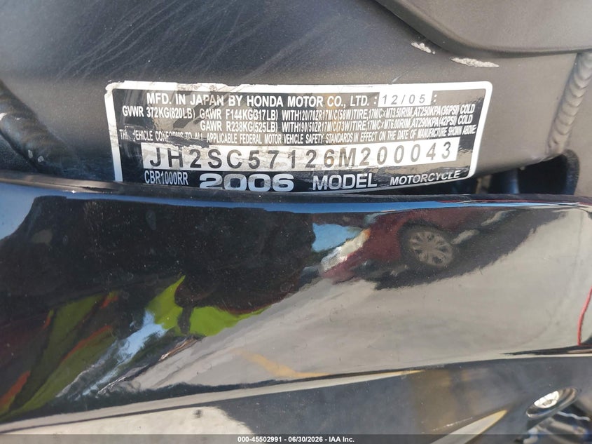 2006 Honda Cbr1000 Rr VIN: JH2SC57126M200043 Lot: 45502991