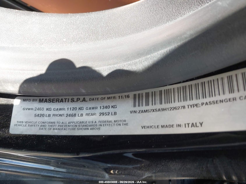 2017 Maserati Ghibli VIN: ZAM57XSA9H1226278 Lot: 45503008