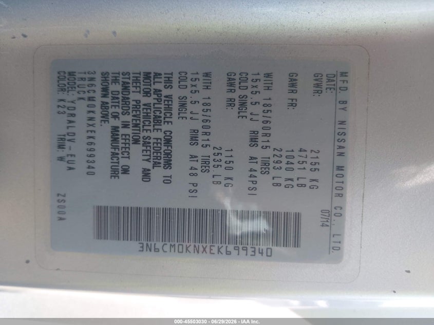 2014 Nissan Nv200 S VIN: 3N6CM0KNXEK699340 Lot: 45503030
