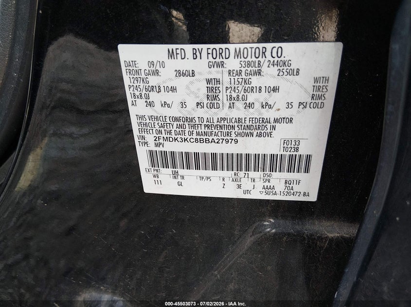 FORD EDGE 2011 VIN 2FMDK3KC8BBA27979