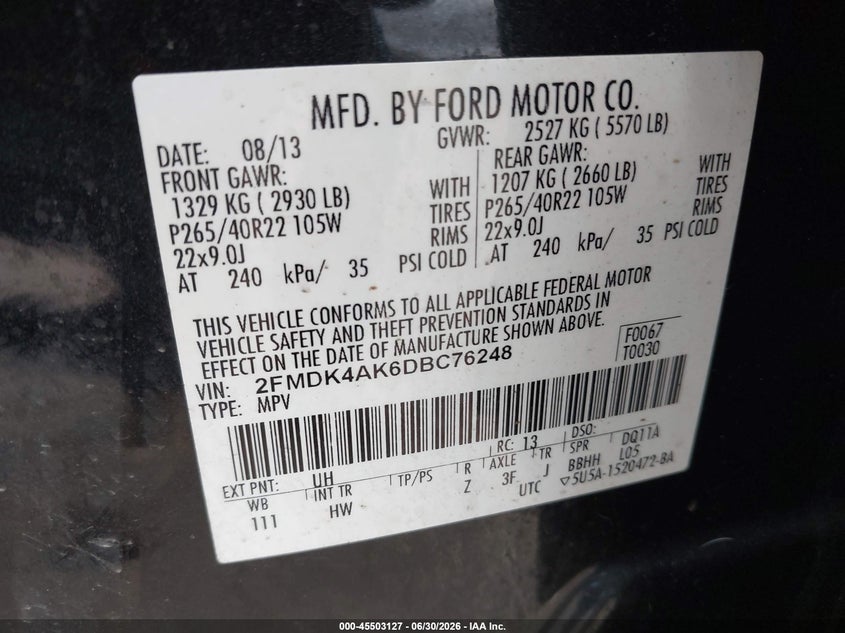 FORD EDGE 2013 VIN 2FMDK4AK6DBC76248