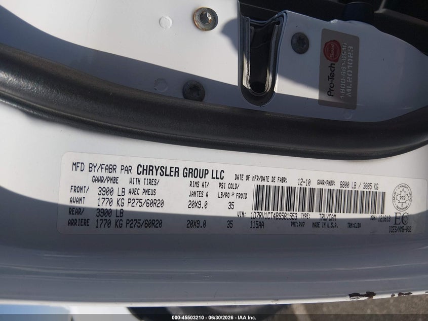 RAM RAM 1500 2011 VIN 1D7RV1CT4BS581553