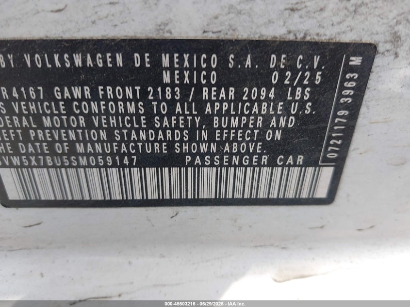 2025 Volkswagen Jetta 1.5T S VIN: 3VW5X7BU5SM059147 Lot: 45503216