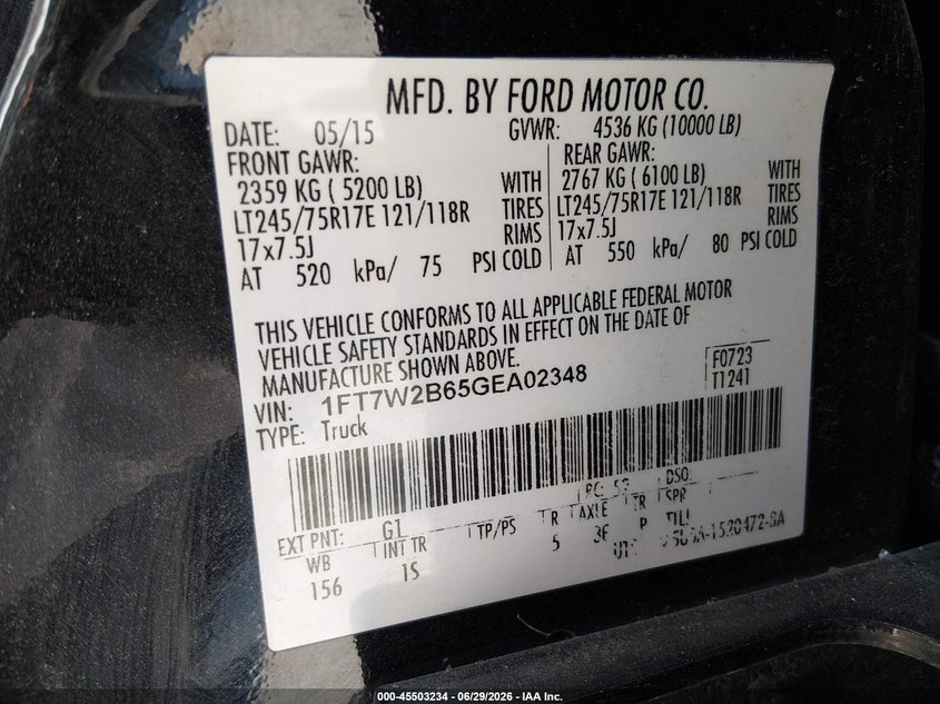 2016 Ford F-250 Lariat/Xl/Xlt VIN: 1FT7W2B65GEA02348 Lot: 45503234