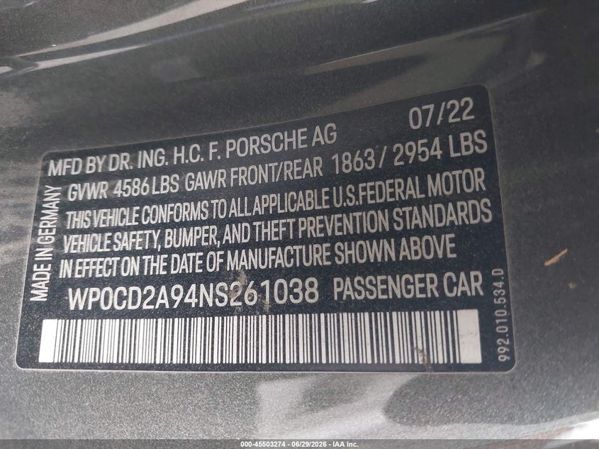2022 Porsche 911 Turbo Cabriolet/Turbo S Cabriolet VIN: WP0CD2A94NS261038 Lot: 45503274