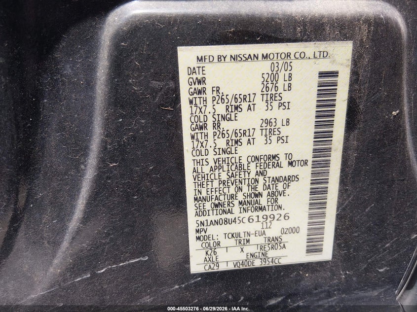 2005 Nissan Xterra Se VIN: 5N1AN08U45C619926 Lot: 45503276