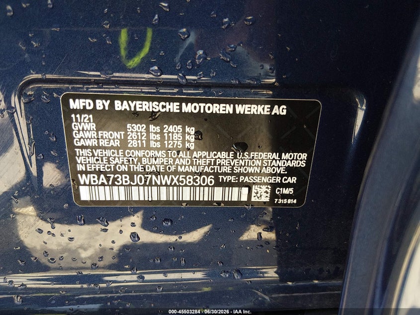 2022 BMW 540(VIN: WBA73BJ07NWX58306