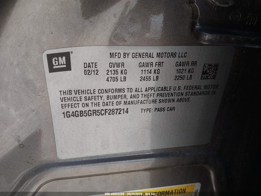 2012 Buick Lacrosse Convenience Group VIN: 1G4GB5GR5CF287214 Lot: 45503286